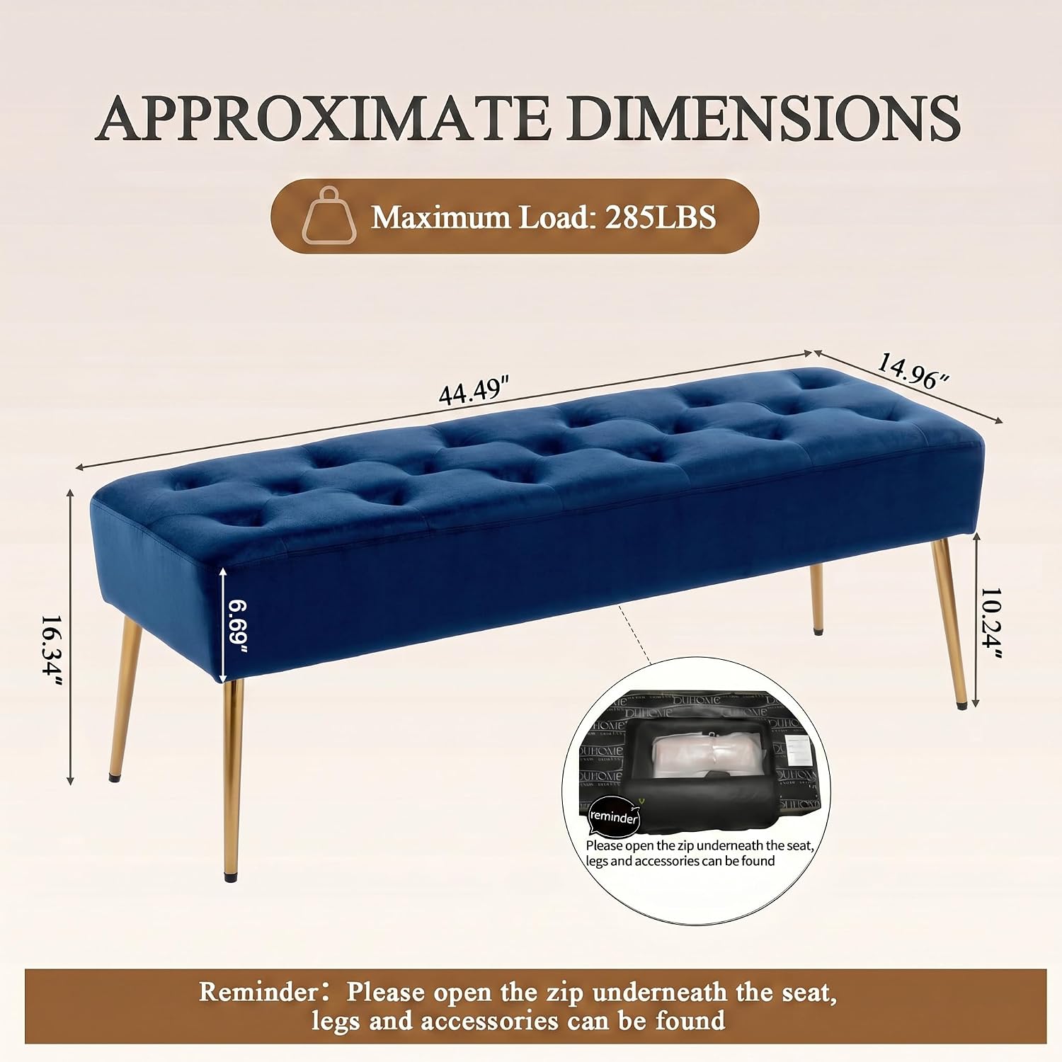DUHOME Button-Tufted Ottoman Bench, Upholstered Bedroom Benches Velvet Footrest Stool Dining Bench Accent Bench for Entryway Dining Room Living Room Bedroom, Dark Blue