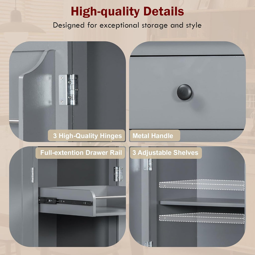 Merax 74.8'' Tall Kitchen Pantry Storage Cabinet with 6 Doors, 3 Drawers and Adjustable Shelves, Freestanding Large Cupboard & Pull-Out Trays for Kitchen, Dining Room, Living Room, Gray