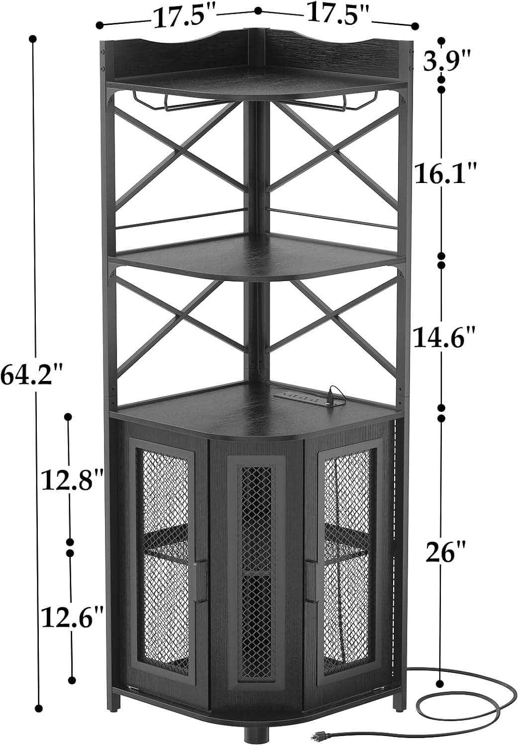 Aheaplus Corner Bar Cabinet with Power Outlet, Industrial Liquor Cabinet | 5-Tiers Wine Cabinet Mini Bar Unit with LED Strip and Glass Holder for Home, Corner Display Cabinet for Small Space, Black