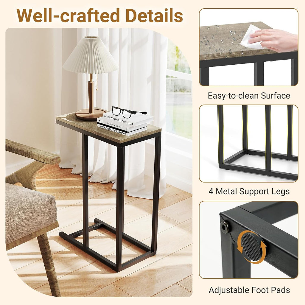 Tangkula C-Shaped End Table, Slide Under Couch TV Tray for Coffee Laptop Tablet, Industrial Sofa Side Table with Metal Frame for Living Room Bedroom (Grey Oak)