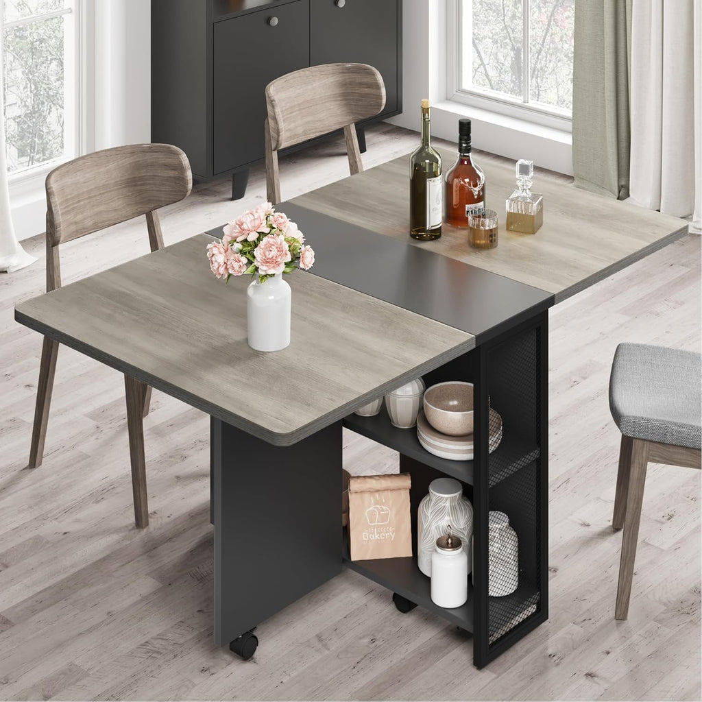 CABIHOME 50" Space Saving Folding Dining Table with 2 Tier Storage-Extendable Drop Leaf Farmhouse Kitchen Dining Room Tables Set for 4, Collapsible Expandable Rectangle, Grey