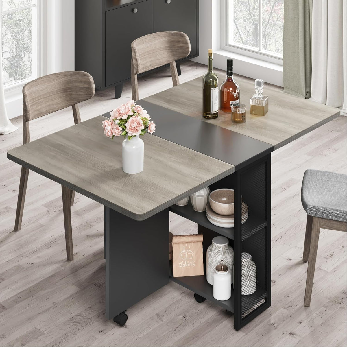 CABIHOME 50" Space Saving Folding Dining Table with 2 Tier Storage-Extendable Drop Leaf Farmhouse Kitchen Dining Room Tables Set for 4, Collapsible Expandable Rectangle, Grey