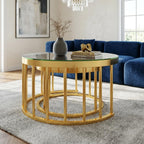 JIVOIT 2-Piece Round Nesting Coffee Table Set with Gold Metal Frame | Modern Circular Cocktail Table, Tempered Glass Tabletop, Accent Nesting Tables, Rounded Edge, Space-Saving, Living Room