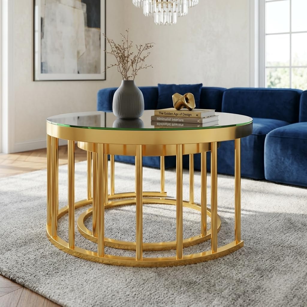 JIVOIT 2-Piece Round Nesting Coffee Table Set with Gold Metal Frame | Modern Circular Cocktail Table, Tempered Glass Tabletop, Accent Nesting Tables, Rounded Edge, Space-Saving, Living Room