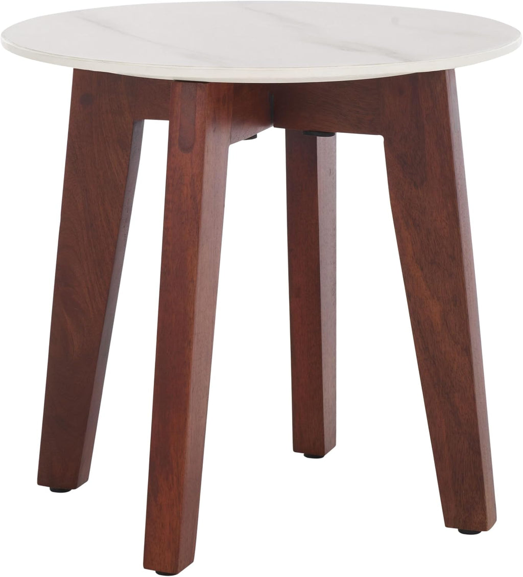 SAFAVIEH Home Collection - Helley Accent Table, White Ceramic Faux Marble Round Top with Walnut Brown Base, Fully Assembled (ACC2915A)