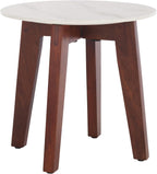 SAFAVIEH Home Collection - Helley Accent Table, White Ceramic Faux Marble Round Top with Walnut Brown Base, Fully Assembled (ACC2915A)