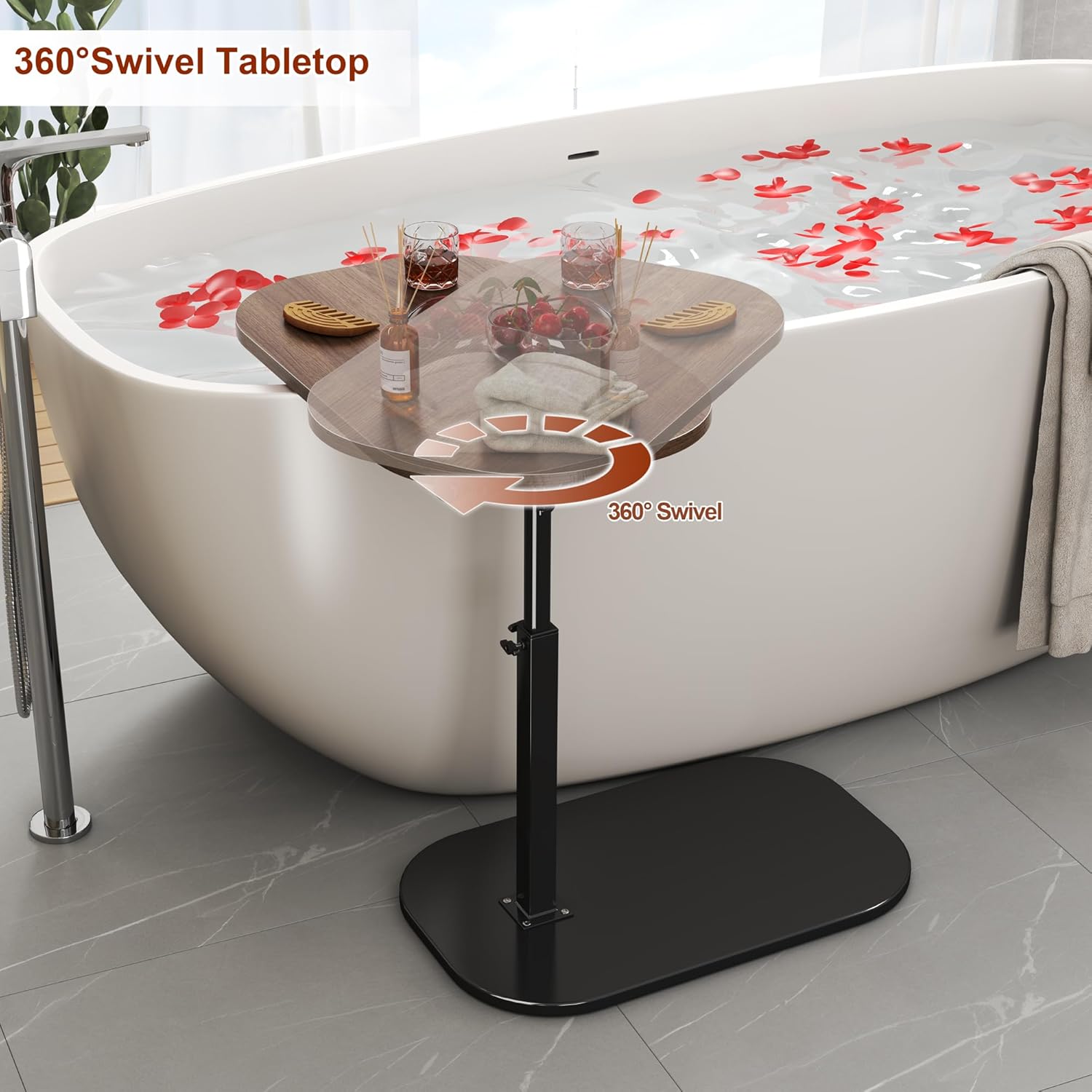 Solid Wood C Shaped Side Table for Sofa/Bed, Adjustable Height C Shaped End Table Metal Base, 360°Swivel/Flip Top Couch Tables That Slide Under, Small Spaces Laptop Stand Coffee Table (Wood)