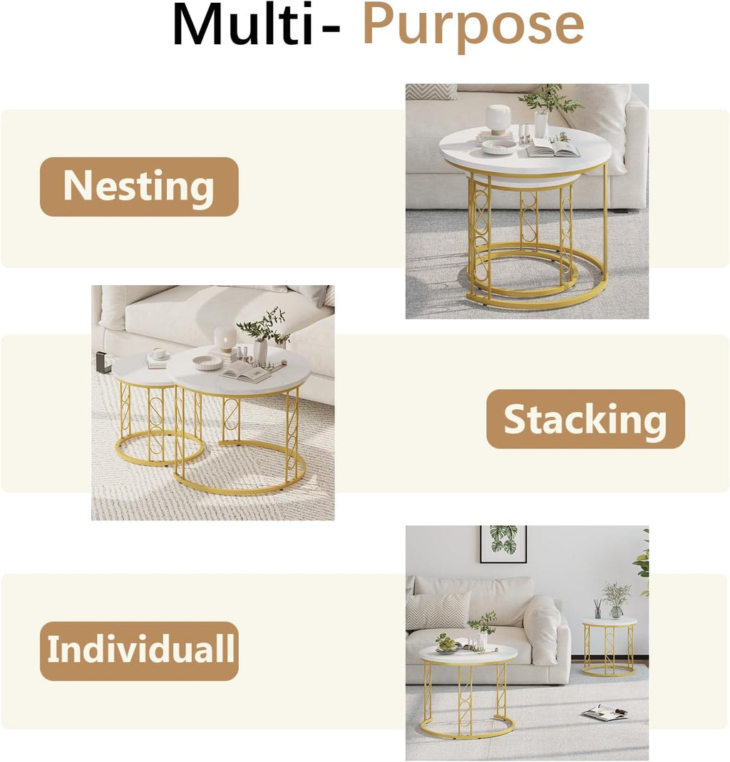 Garden 4 you Coffee Table Faux Marble Nesting Table for Small Place 2 Sets Modern Furniture Living Room Sets End Side Table Night Stand for Bed Room Dining Room (White & Gold)
