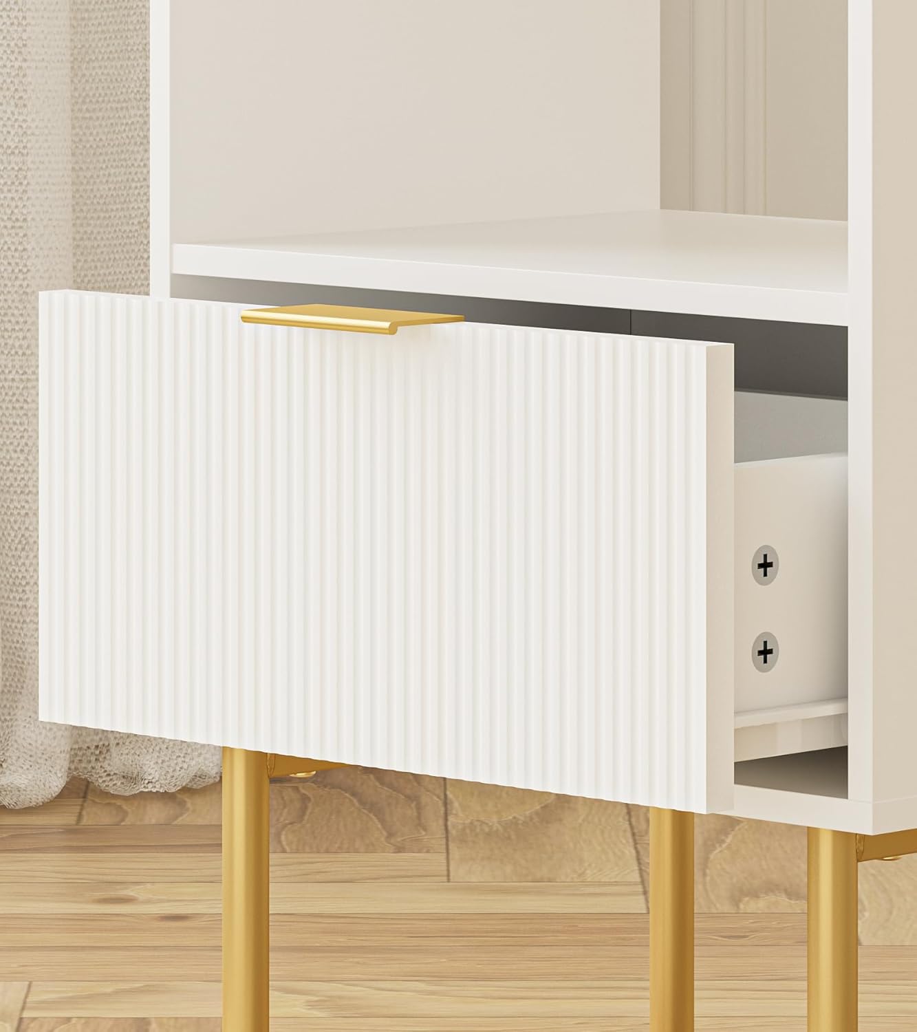 Masupu Night Stand, Mid-Century Bedside Table with Storage Drawer and Open Wood Shelf, Small Gold Frame Flueted Nightstand, Side Table for Bedroom, Living Room, White(Tall 25'')