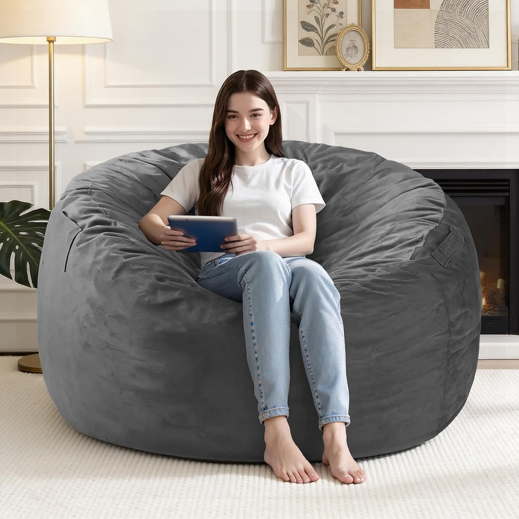 4FT Bean Bag Chair with Ultra Soft Velvet Cover Bean Bag Sofa with Memory Foam Bean Bag Chairs with Large Size Lazy Sofa for Dorm Office Living Room Bedroom Grey 4' | Bean Bags with Memory Foam Filled,Bean Bag Sofa with Handy Pocket&Handle for Classroom