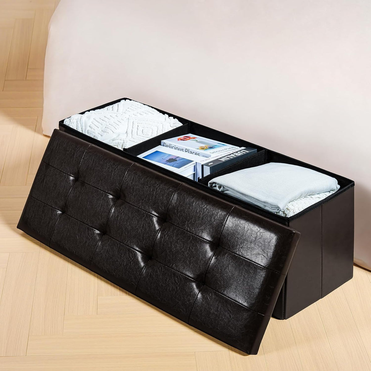 PINPLUS Folding Storage Ottoman Bench, Brown Faux Leather | Storage Chest with Comfortable Seat, Footrest Stool and Bench for Bedroom, Hallway and Living Room, 43.3 Inch