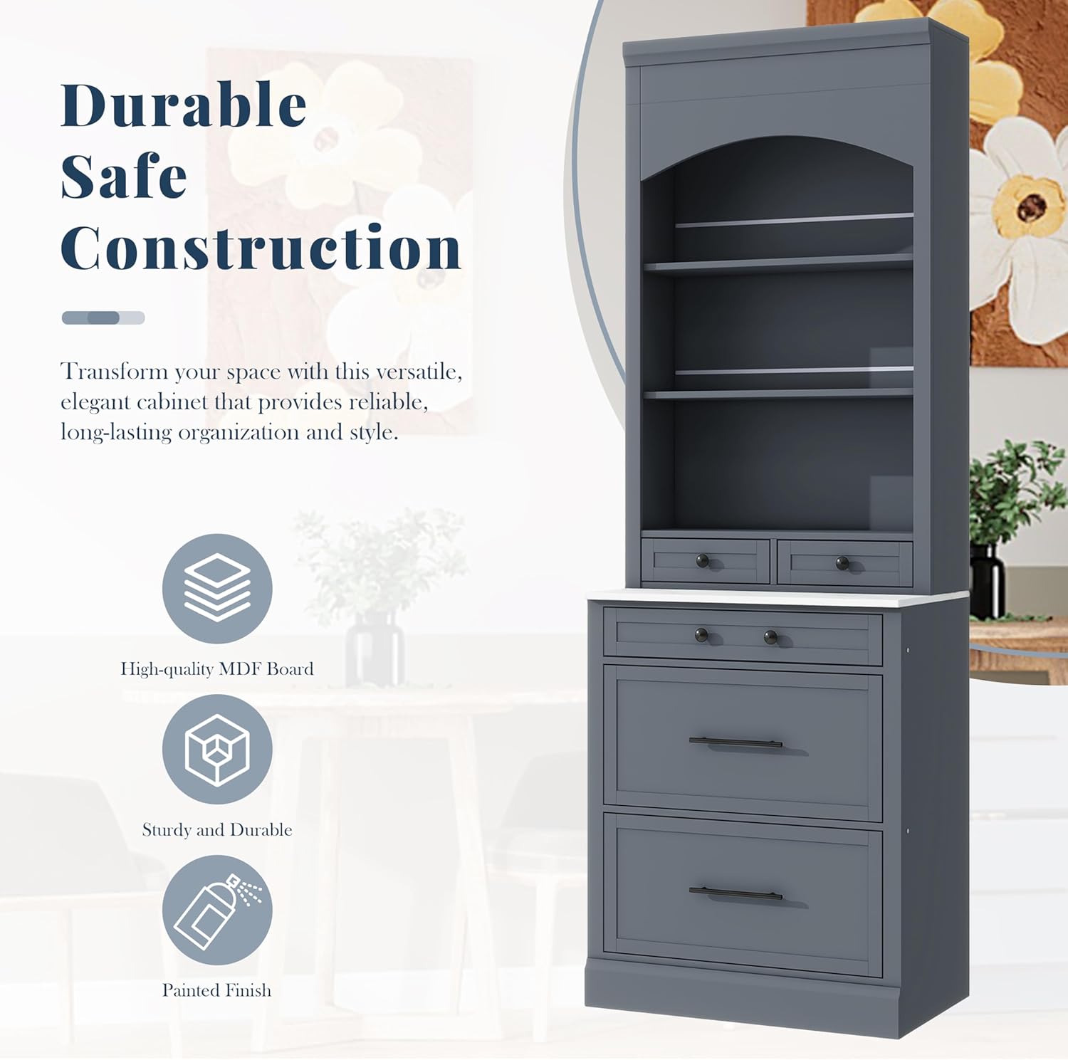 Merax Modern 83.7inch Freestanding Kitchen Hutch with Faux Marble Top, Kitchen Pantry with 5 Storage Drawers and Adjustable Shelf, Set of 2, Gray