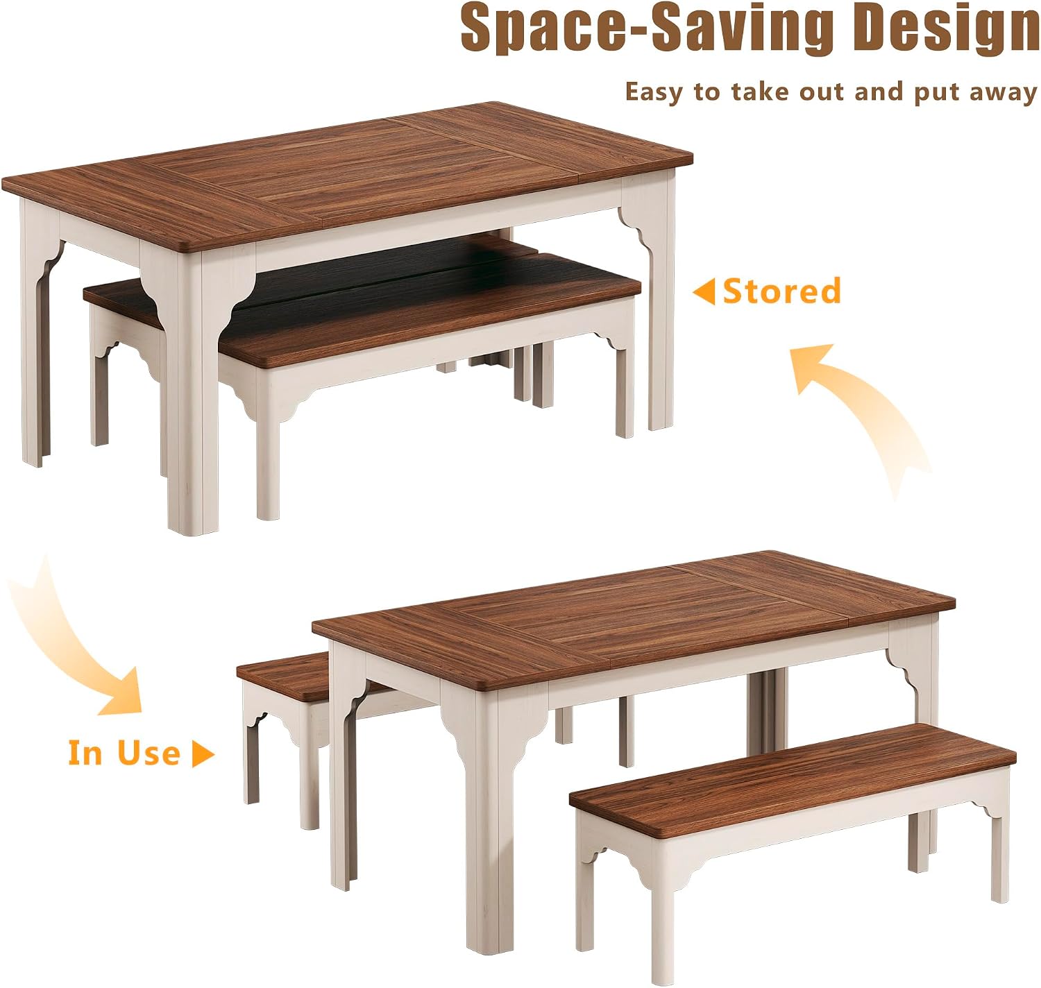 HUAHUU 63" Farmhouse Dining Table Set for 4-6, Kitchen Table with 2 Benches, Space Saving 3-Piece Rectangle Wooden Dinette Table Set for Dining Room, Breakfast Nook, Small Space, Brown & White