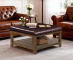 ABHENG 31.5" Large Square Storage Ottoman, Upholstery Solid Rubberwood Coffee Couch Table with Open Shelf, Foot Stool Load up to 330lb, Sythetic Leather Brown UASND67R