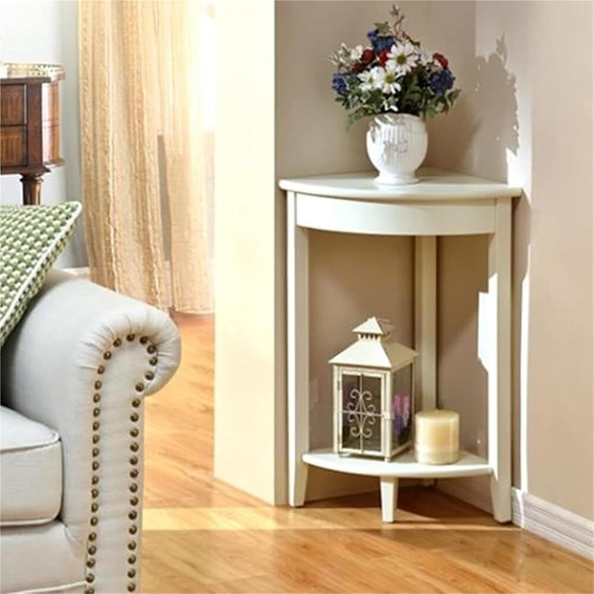 Home Furnishing Corner Tables Compact Triangle Solid Wood Side Table Corner Shelf Unit with 2 Shelves Sofa Accent Table for Small Space Little Corner(Brown)