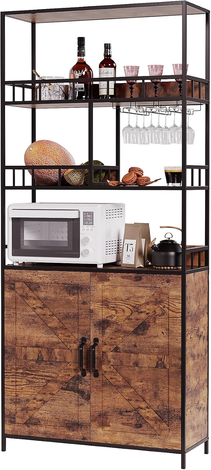 71" Tall Bar Cabinet with Wine Rack & Storage Shelves, 3-Tier Freestanding Backers Rack with Barn Door, Metal Structure Coffee Bar Table for Kitchen Dining Room, Retro Color