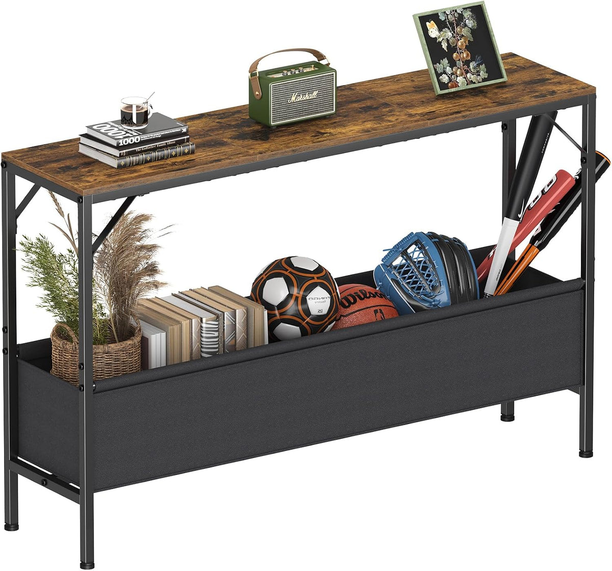 Asgolion Narrow Console Table, 47.2" Long Entryway Table with Storage Basket, Hallway Table, Mordern Industrial Sofa Tables for Living Room, Bedroom, Foyer, Office, Anti-tip Kit, Rustic Brown