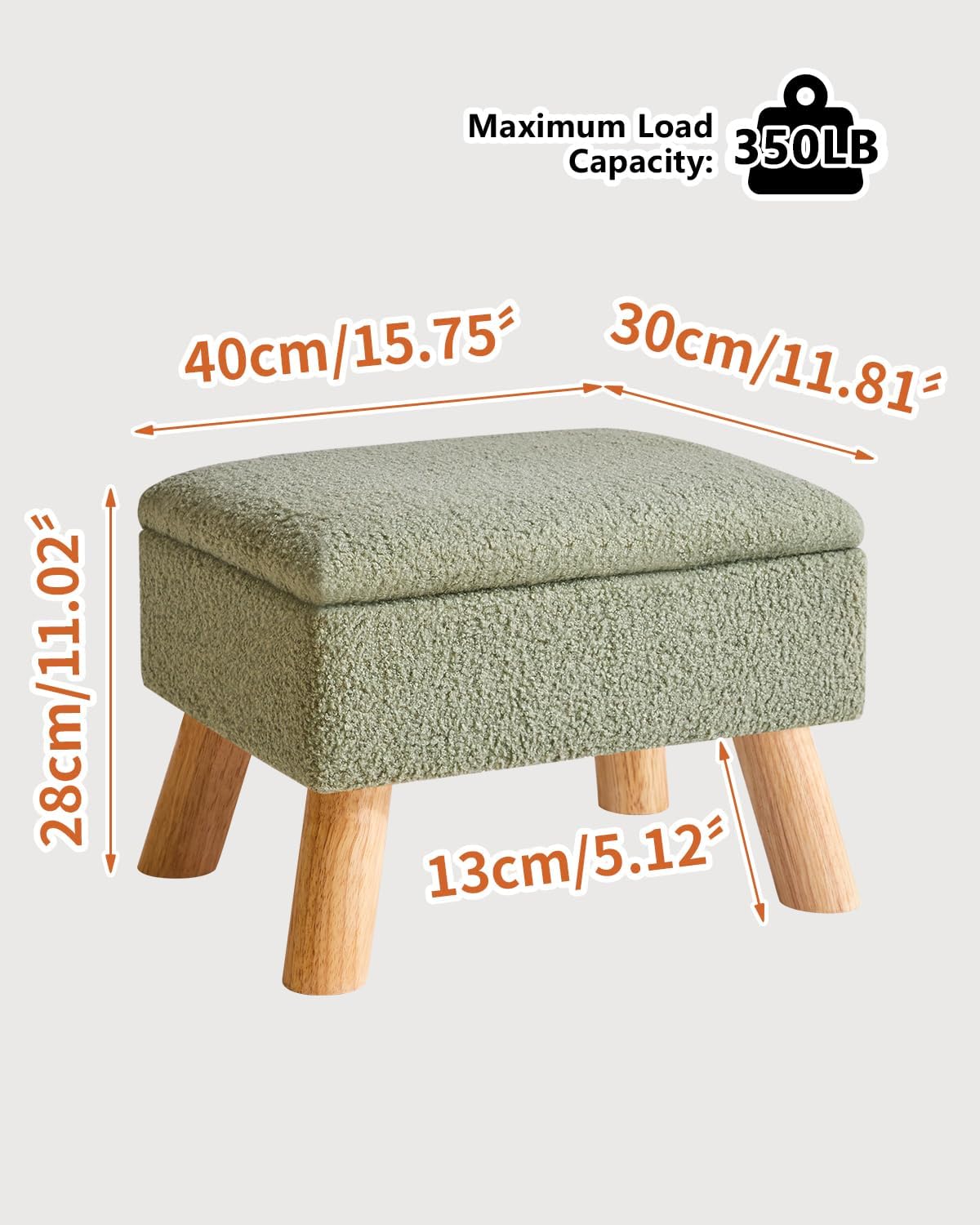 YMYNY Storage Ottoman,Small Foot Stool, 15.75"×11.81"×11.02" Green,HBD042GR | Teddy Velvet,Sturdy Wood Legs,Footstool with Padded Seat, For Living Room Bedroom Couch Entryway