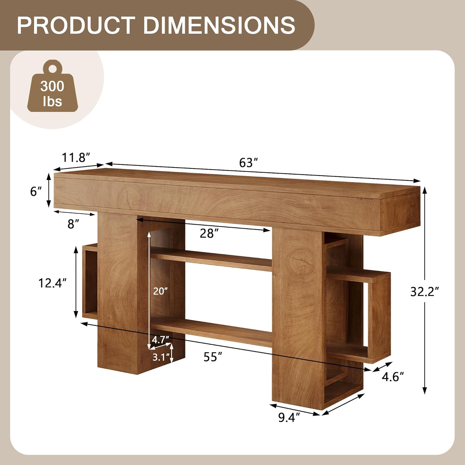 Einhomn 63 Inch Long Console Table for Entryway, Farmhouse Wooden Sofa Table Behind Couch with 3-Tier Storage Shelf, Narrow Entry Accent Table for Living Room, Hallway, Foyer, Natural
