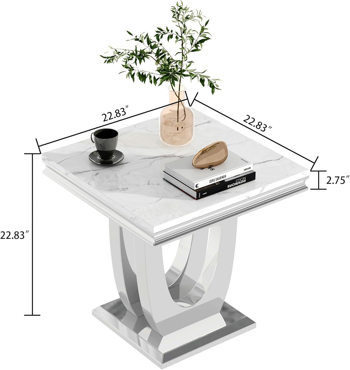 Henf 23in Square End Table Faux Marble End Table w/U Shape Steel Base,Luxury Sofa Side Table Tea Table for Living Room Office, Nightstand Bedside Table for Bedroom, White and Silver End Side Table