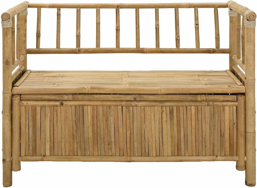 Bamboo Garden Storage Bench 110x47x80 cm, Outdoor Storage Bench with Hidden Compartment, Natural Finish Post Leg Design for Patio