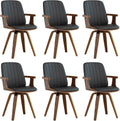 WUPOTO Swivel Dining Chairs, Set of 6 Kitchen Swivel Chairs with Walnut Craftsmanship, Upholstered Faux Leather, Wooden Arms and Legs, Walnut Dining Chairs for Kitchen/Living Room - Black