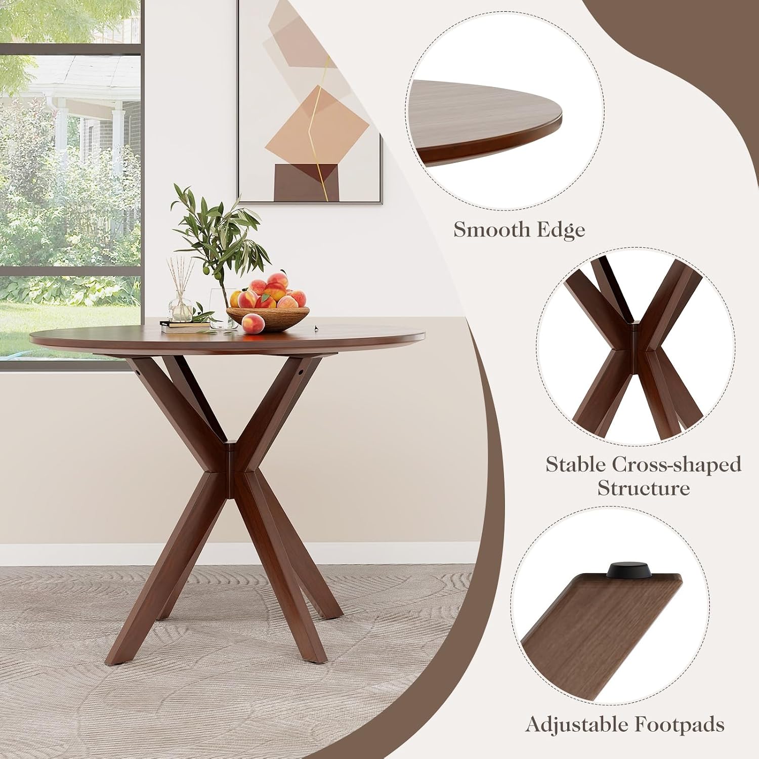 ERGOMASTER 3-Piece Dining Table Set for 2, 36" Kitchen Round Table with 2 Chairs, Rubber Wood Legs, Brown