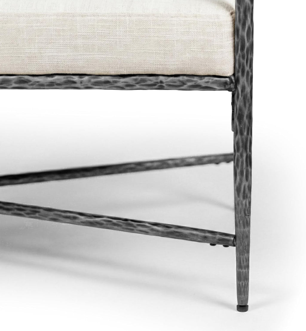 24/7 Shop at Home Lalia Upholstered 48-inch Metal Bench with Padded Roll Arms, Beige Fabric Seat, Hammered Forged Steel Frame, Modern Bedroom or Entryway, Matte Gray