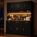 Black 72" Tall Kitchen Pantry Cabinet with Charging Station 55" Wide Hutch Cabinet with LED Light and Countertop Large Kitchen Cabinet with Adjustable Shelves and Wine Rack