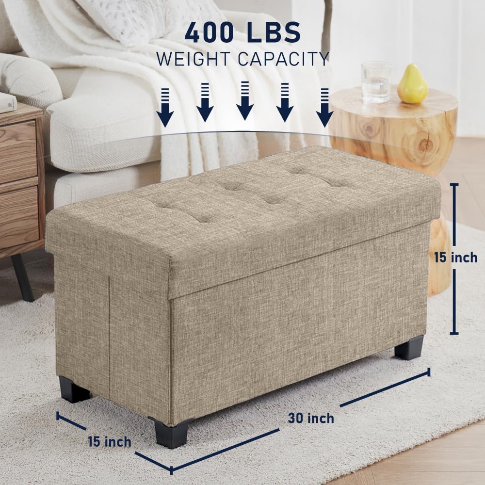Ornavo Home 30" Large Storage Ottoman Bench with Legs, Taupe | Foot Rest Stool; Ottoman with Hidden Storage; Ideal for Bedroom, Living Room, Entryway or Home Office