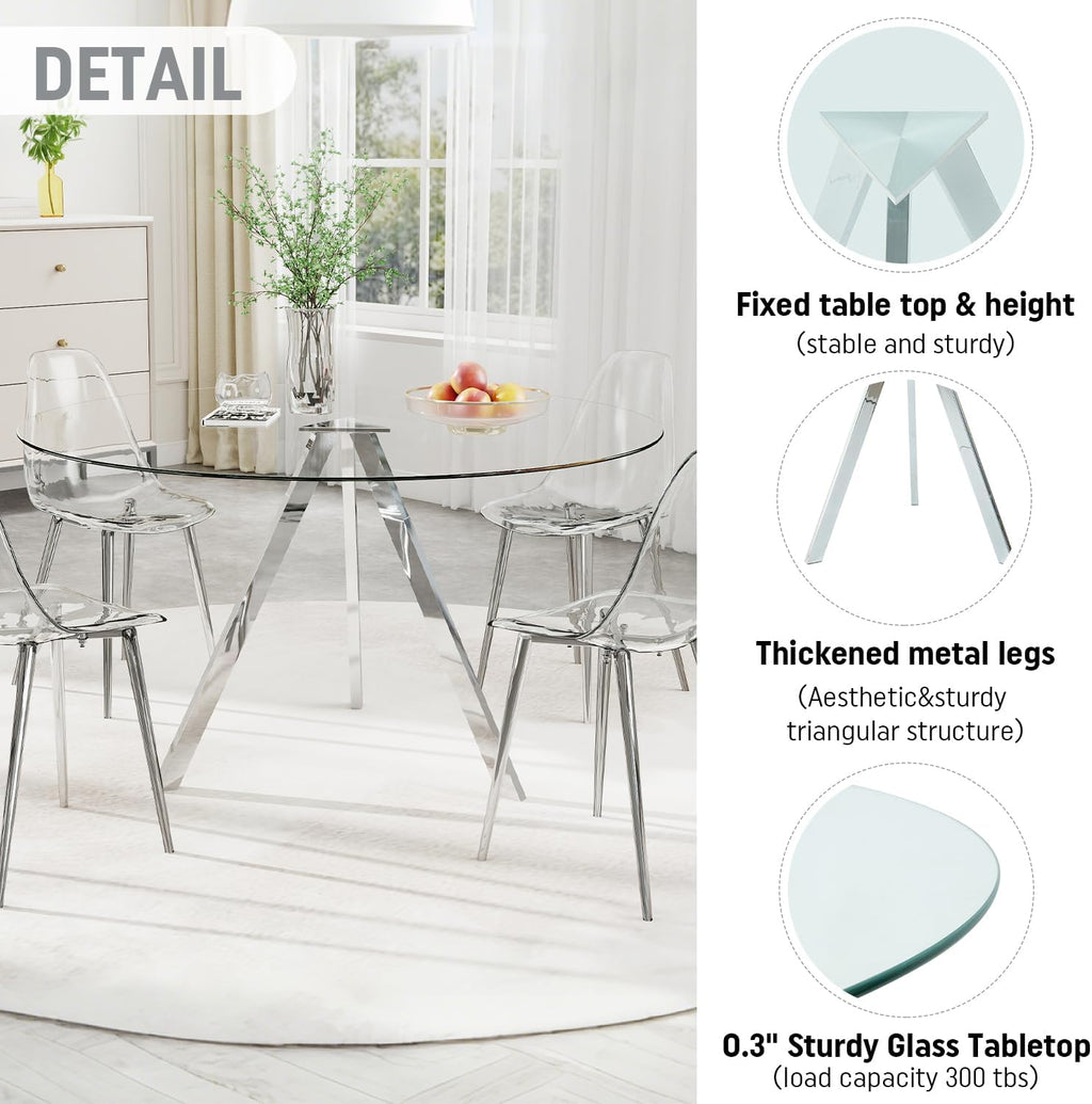 Round Dining Table Set for 6, 47" Clear Tempered Glass Table with Sliver Metal Legs and 6 Transparent Acrylic Chairs, Compact Modern Kitchen Table Set for Small Space Dining Room (Sliver)