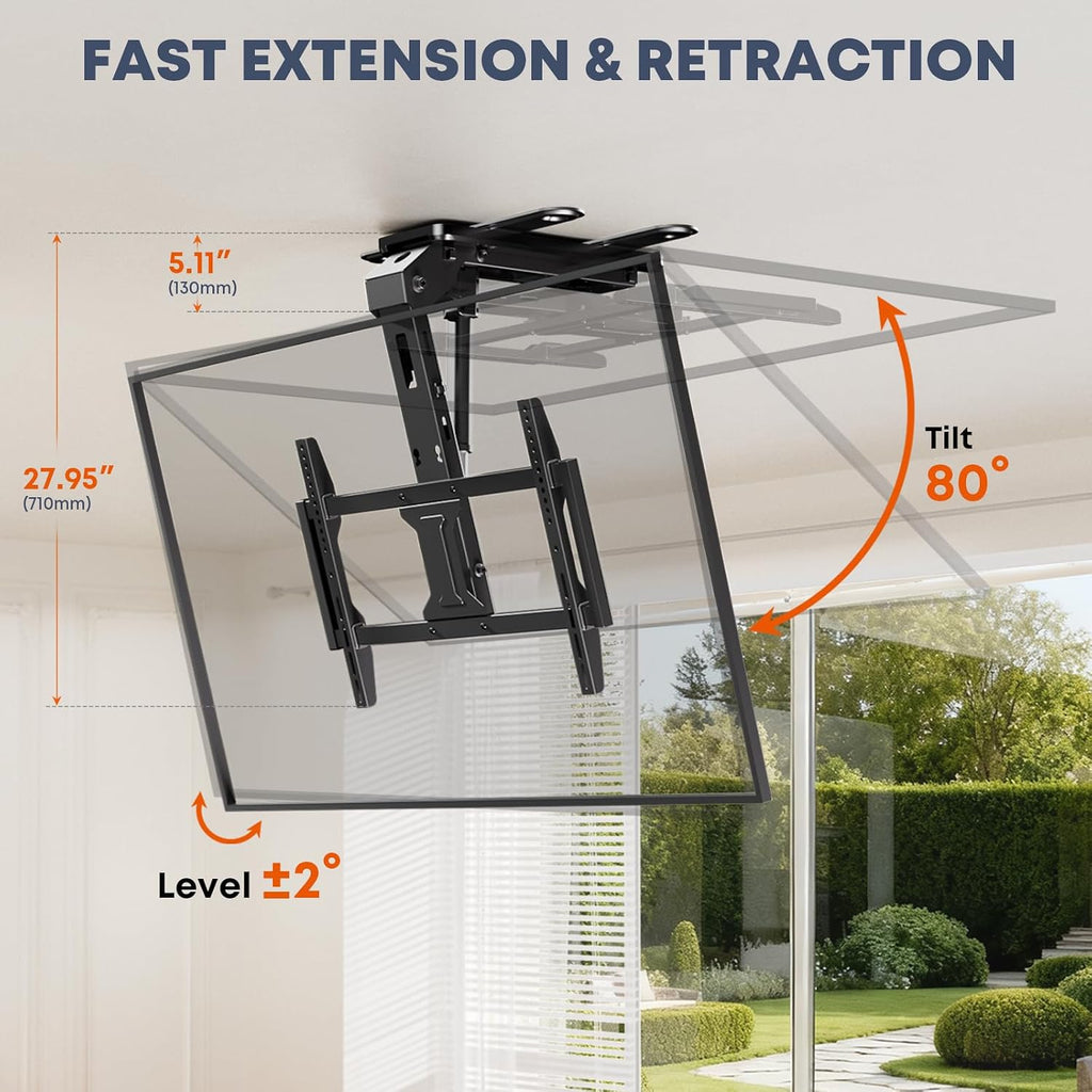 Motorized Ceiling TV Mount Flip Down with Remote for 37-75‘’ TVs, Black | Space Saving and Adjustabe, Fits Flat and Pitched Roof, Electric Drop Down TV Mount, Max VESA 600x400 mm, Max holds 99lbs