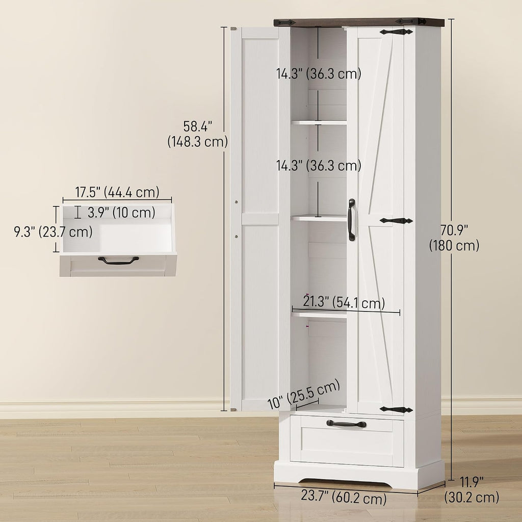 HOMCOM 71" Tall Kitchen Pantry Storage Cabinet Barn Doors Drawer White | Farmhouse, Adjustable Shelves, Freestanding Food Pantry Cabinet, for Kitchen, Dining Room