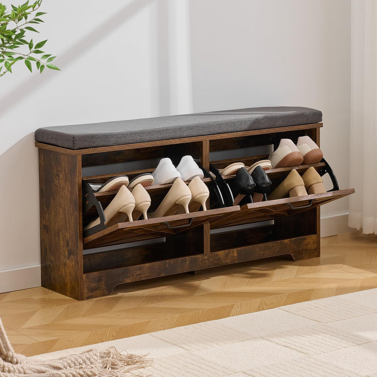 Brown Shoe Storage Bench with 2 Flip Drawers, Entryway Bench with Removable Seat Cushion, 2-Tier Shoe Cabinet for Entryway, Hallway, Bedroom
