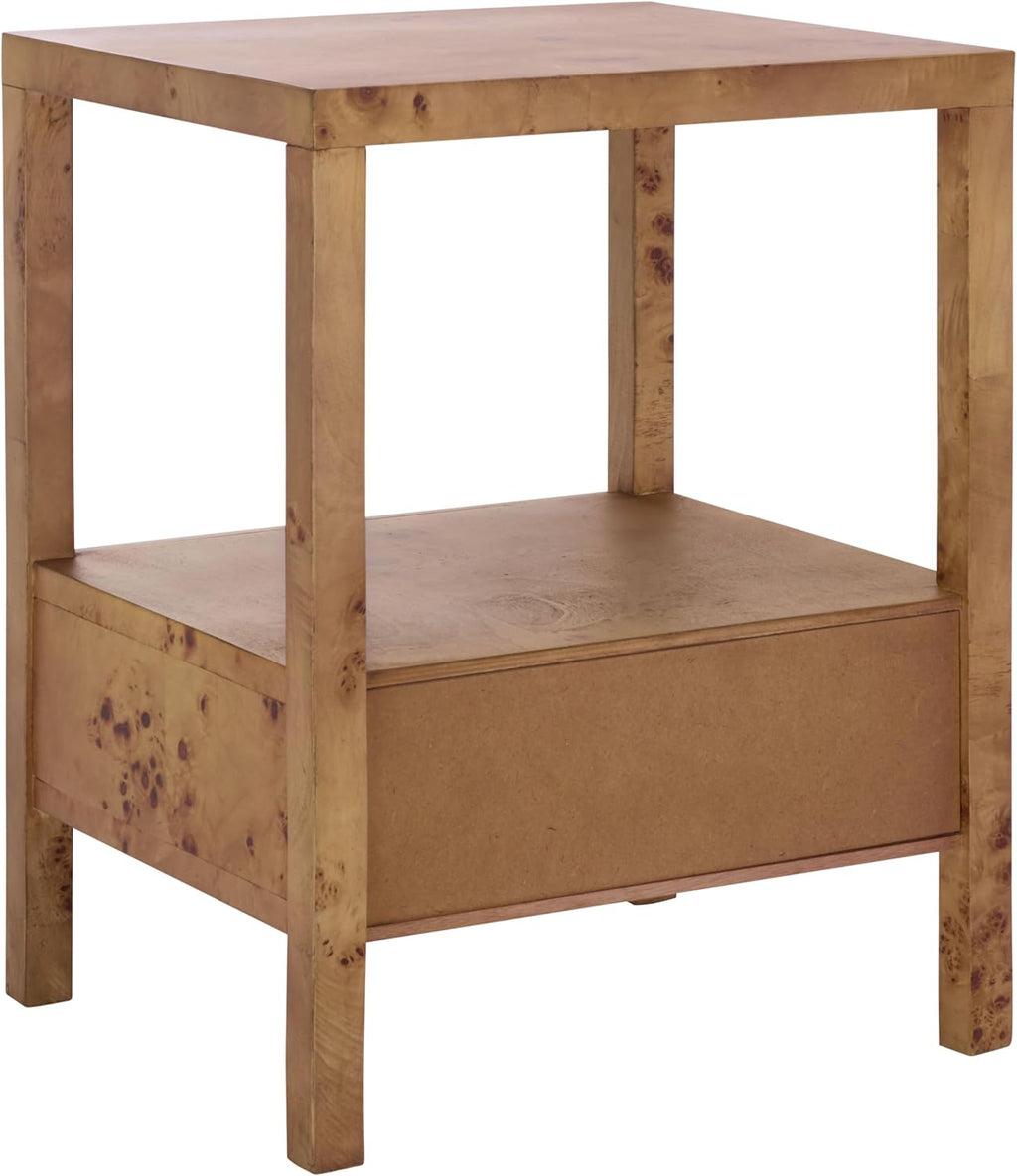 SAFAVIEH Home Collection - Willshine Natural Brown Accent Table, 1 Drawer Side Table, Open Shelf Storage, Burl Wood Look, Fully Assembled (ACC6613A)