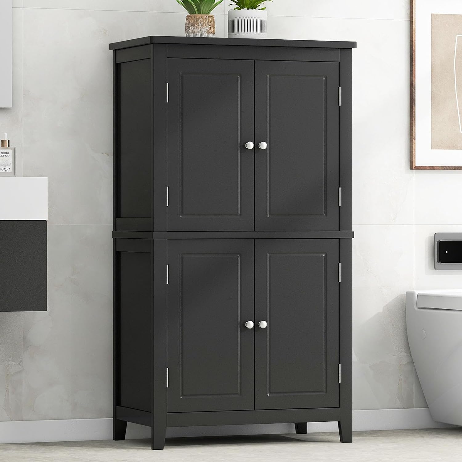 43.3" Tall Kitchen Storage Cabinet with Doors, Freestanding Pantry Cabinet with Hanging Shelves& Adjustable Shelves, Large Space Wooden Farmhouse Cupboard for Kitchen, Dining Room& Living Room (Black)