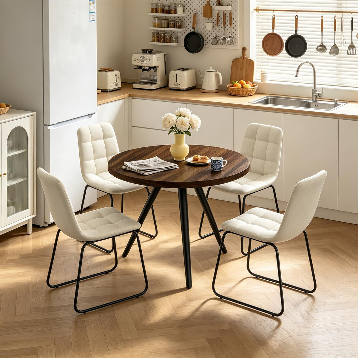 34.6" Round Dining Table Set for 4, Modern Kitchen Coffee Table Set with 4 Faux Leather Chairs, MDF Small Space Saving Dining Room Table and Chairs Set (Walnut Table+4 Beige U-Shaped Chairs)