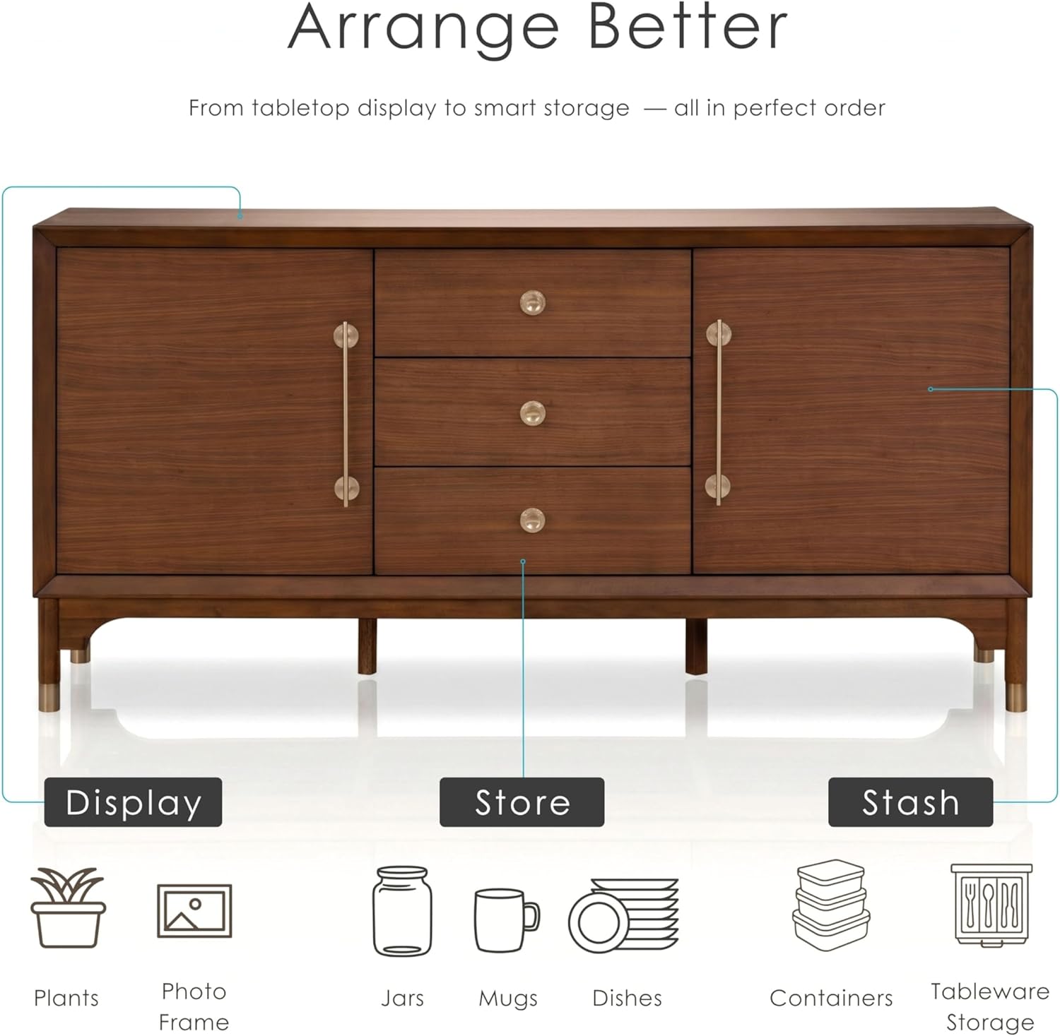 Furniture of America Forma Mid-Century Modern 69-inch Solid Wood Sideboard Buffet Cabinet with 2 Storage Compartments, 6 Shelves and 3 Drawers for Living Room, Dining Room, Office, Walnut