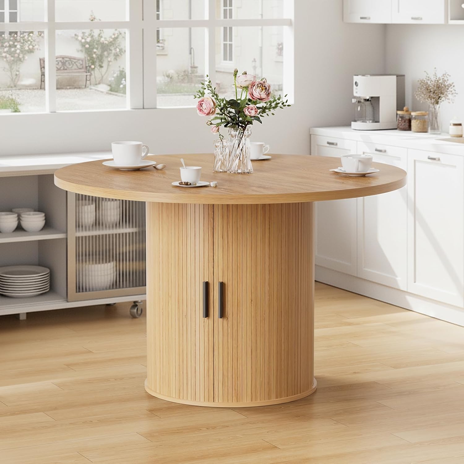 HOMMPA 48'' Round Dining Table for 4 Kitchen Dining Table with Storage Dinner Table with 2-Layer Shelf and Wood Slide Door for Home Dining Room Living Room Natural