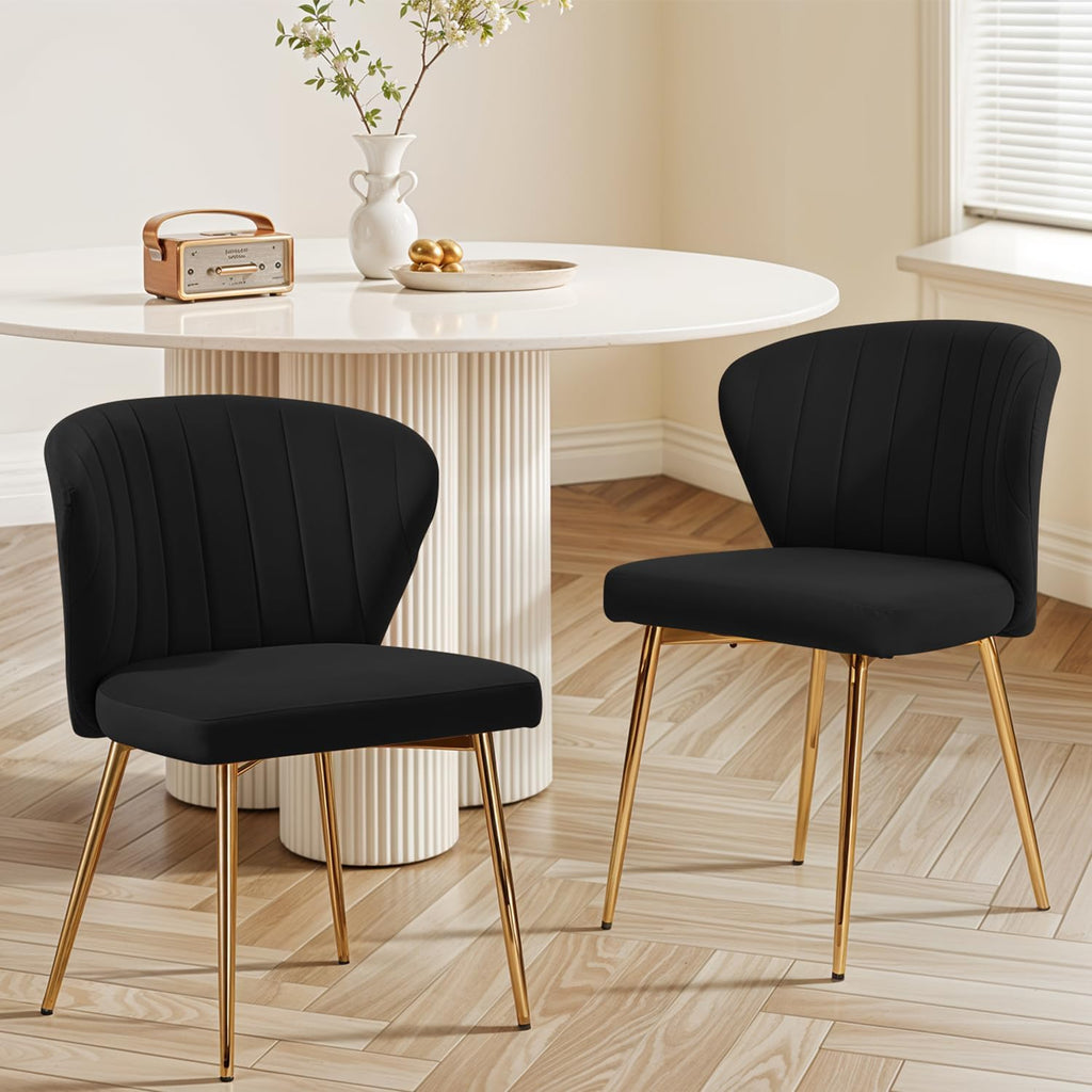 MOJAY Velvet Dining Chairs Set of 2, Modern Upholstered Dining Room Chairs with Gold Metal Legs, Accent Vanity Chairs for Kitchen, Living Room, Patio (Black)