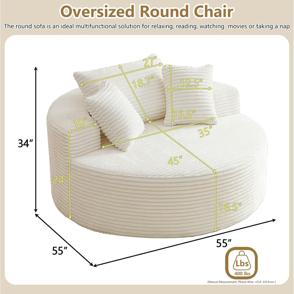 55''L Oversized Round Chaise Longue Chair Indoor, Corduroy Sponge Single Sofa, Oversized Round Chairs, Modern Sleeper Chair for Living Room,Projection Room, Wide Armrest Chairs Beige