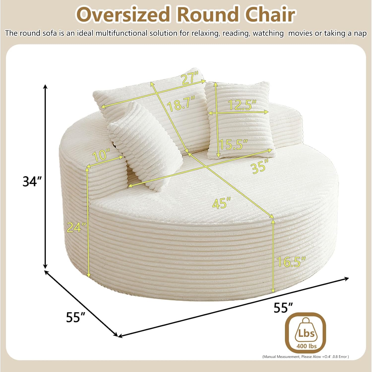 55''L Oversized Round Chaise Longue Chair Indoor, Corduroy Sponge Single Sofa, Oversized Round Chairs, Modern Sleeper Chair for Living Room,Projection Room, Wide Armrest Chairs Beige