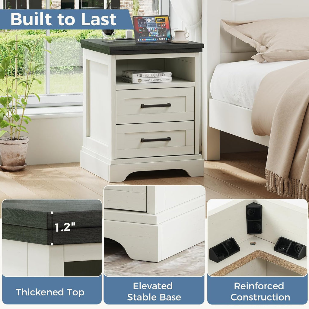 DUMOS Farmhouse Nightstand with Charging Station & USB Ports