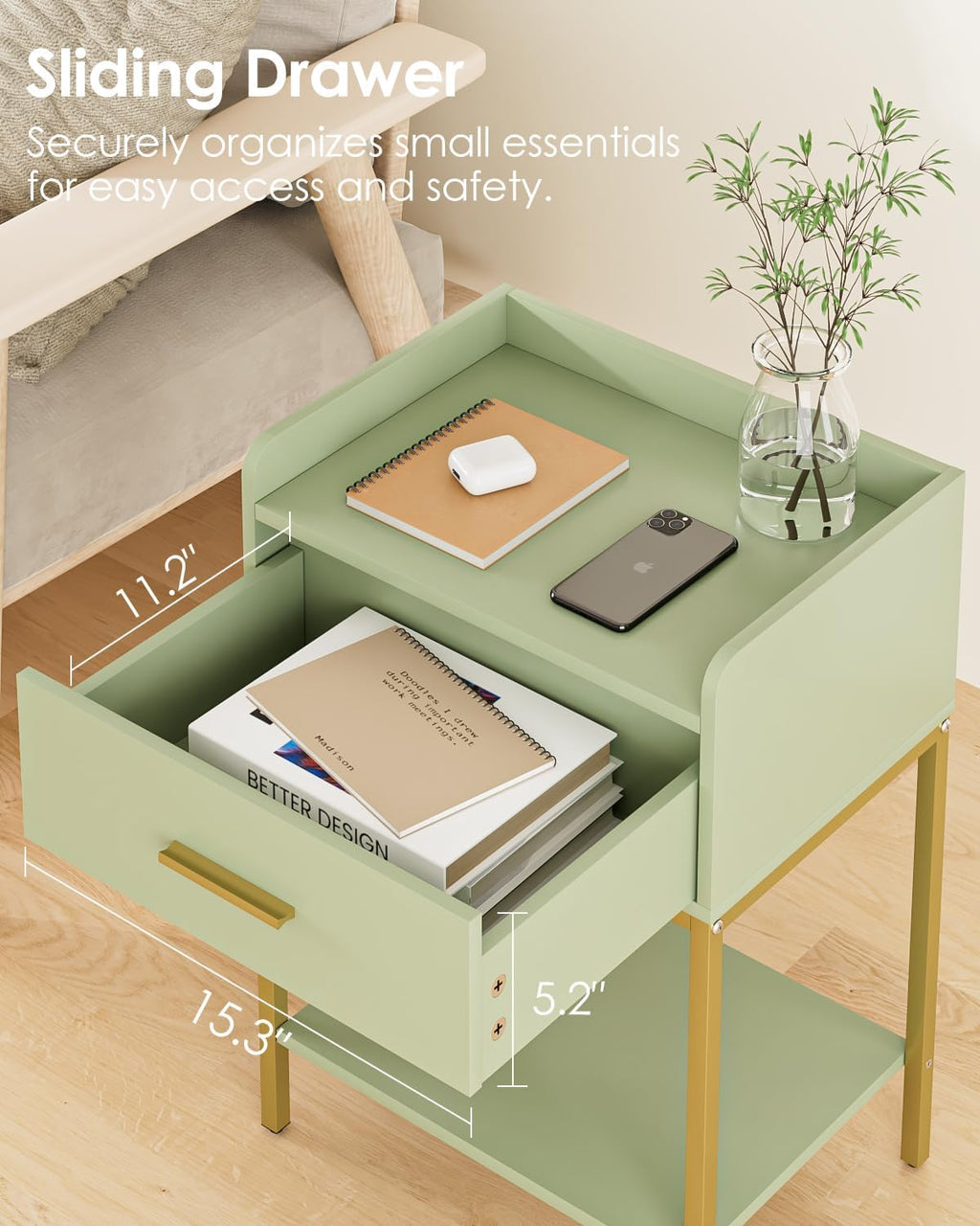 Nightstand,Modern Bedside Table Night Stand with Storage Drawer and Open Shelf,Small End Side Table for Bedroom,Living Room,Green