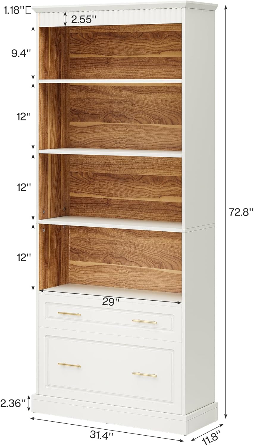 Tribesigns 5-Shelf Bookcase with File Cabinet Drawer, 72" Tall Bookshelf, Modern Free-Standing Wood Bookcase, Large Open Display Storage Book Shelf for Living Room (2pcs, White)