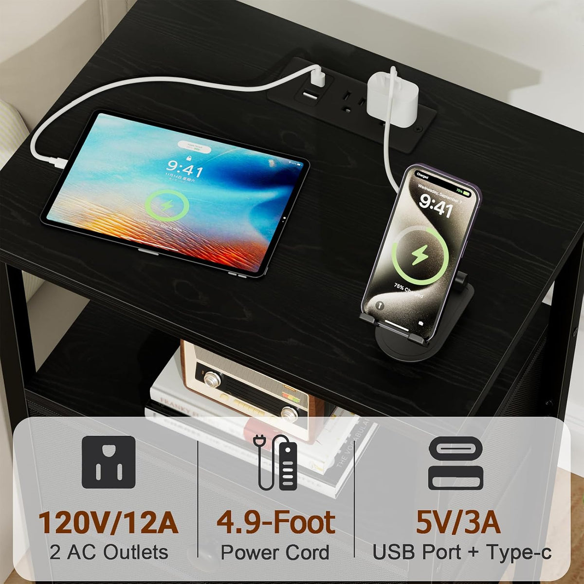 LOAKEKEL Night Stand, Small Nightstand with Charging Station | Bedside Table with 2 Fabric Drawers, End Table Living Room, Side Table with USB & Type-C Ports for Bedroom, Black