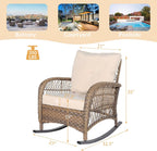 Outdoor Wicker Rocking Chair with Thickened Cushions, All-Weather Rattan Patio Rocking Chairs, Rocker Wicker Chair for Backyard & Porch Garden, Beige