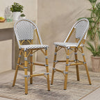 Saiveina 29.5" Outdoor PE Rattan French Barstool, White and Black, Aluminum Frame with Bamboo Finish (Set of 2)