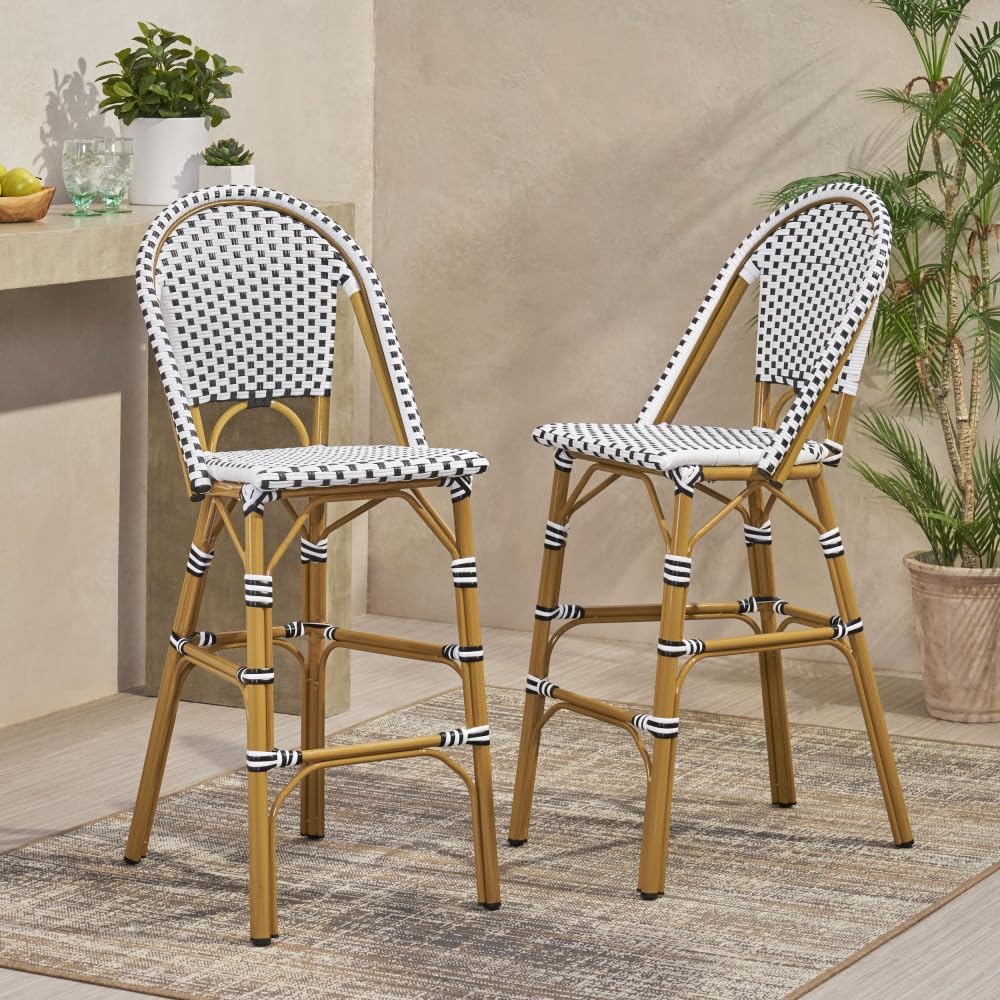 Saiveina 29.5" Outdoor PE Rattan French Barstool, White and Black, Aluminum Frame with Bamboo Finish (Set of 2)