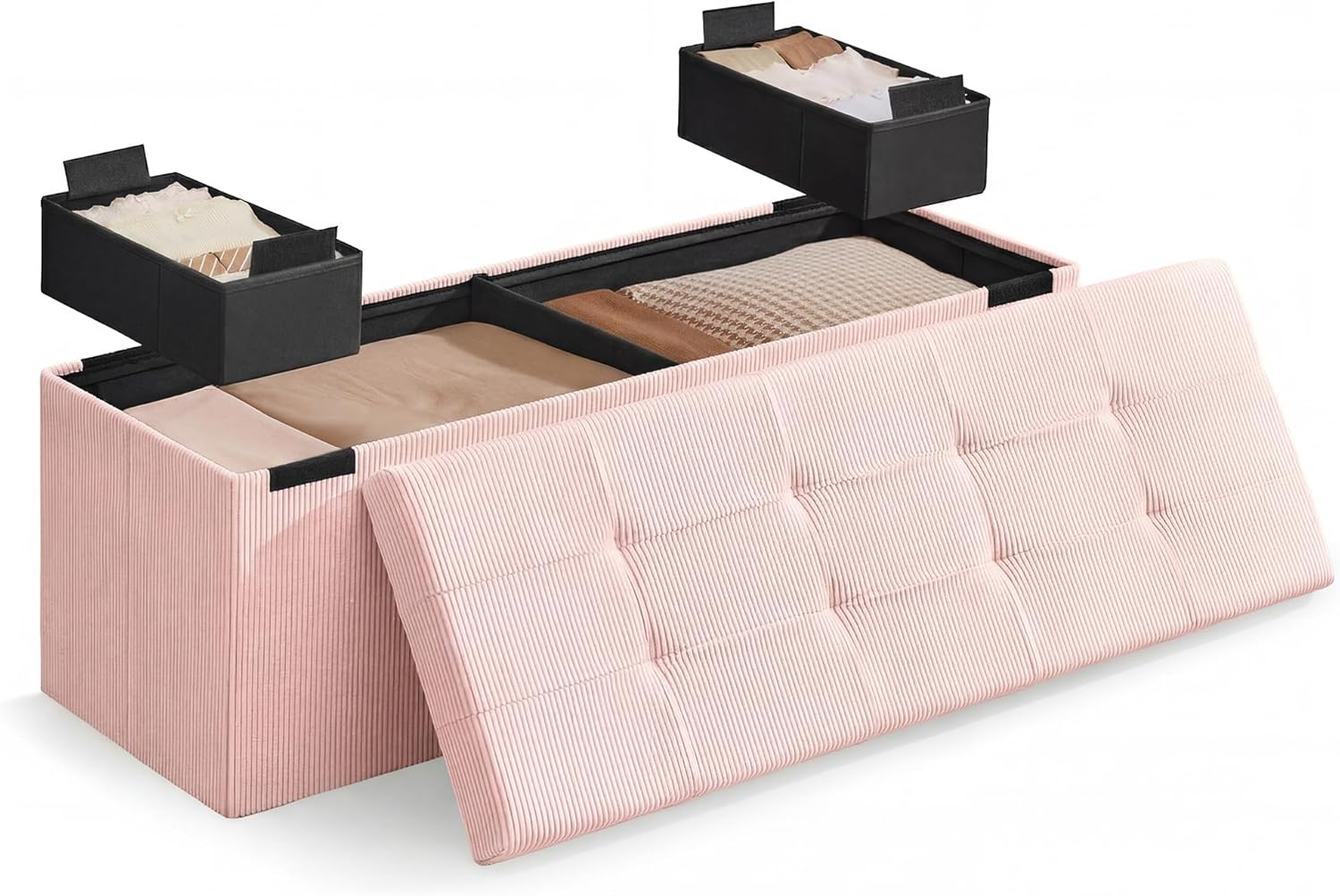 SONGMICS Home Ottoman with Storage, Removable Lid, Folding Storage Chest, Easy Assembly, for Entryway, Bedroom, Living Room, 15.2 x 43.2 x 15.2 Inches, Corduroy, Light Pink